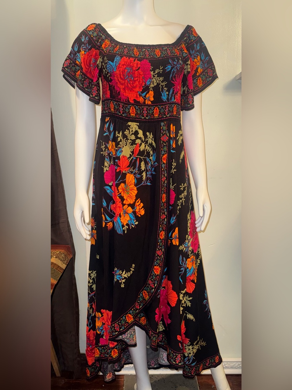 Jealous Tomato Black Maxi Dress with Red, Orange & Blue Floral Print